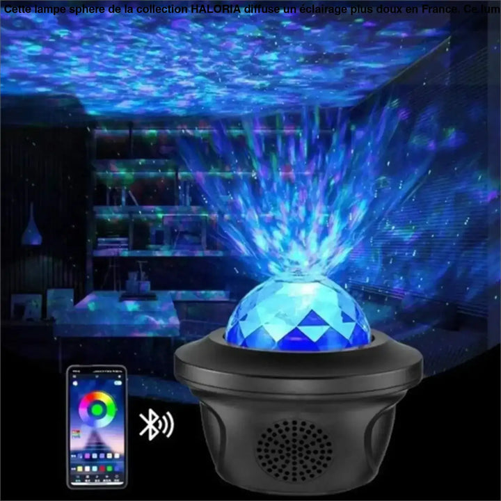 Lampe sphere haloria projecteur disco boule cristal bleu sur base noire pour éclairage plus et table d’appoint ambiance étoilée