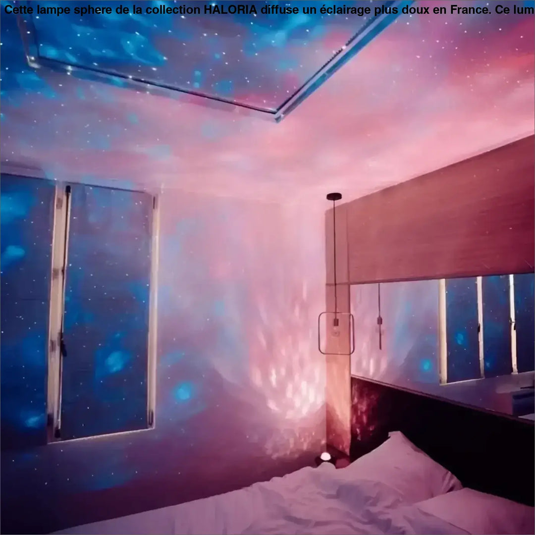 Lampe sphere haloria éclairage plus galaxy projecteur de plafond bleu et rose sur table d’appoint étoilée