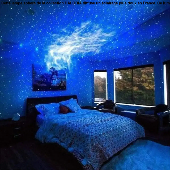 Lampe sphere haloria projecteur bleu créant un ciel étoilé cosmique pour éclairage plus dans une chambre avec table d’appoint