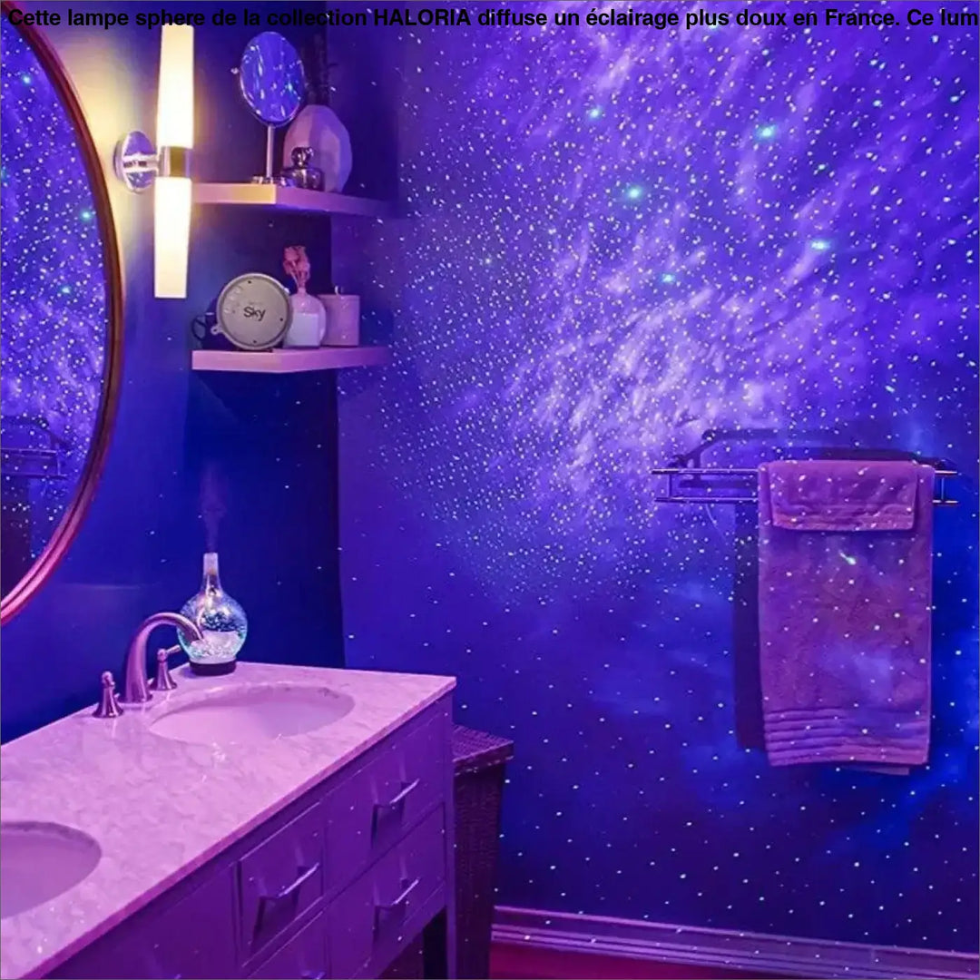 Projection murale galaxie violette avec étoiles scintillantes lampe sphere haloria pour éclairage plus table dappoint