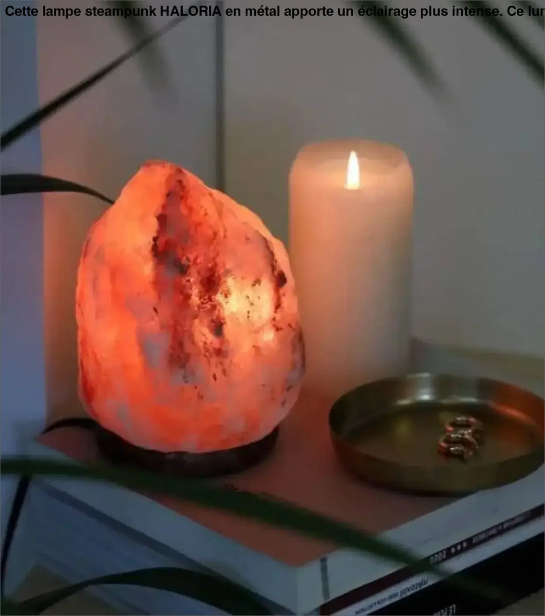Lampe steampunk himalayenne orange avec texture pierre naturelle et base sombre pour éclairage plus table d’appoint