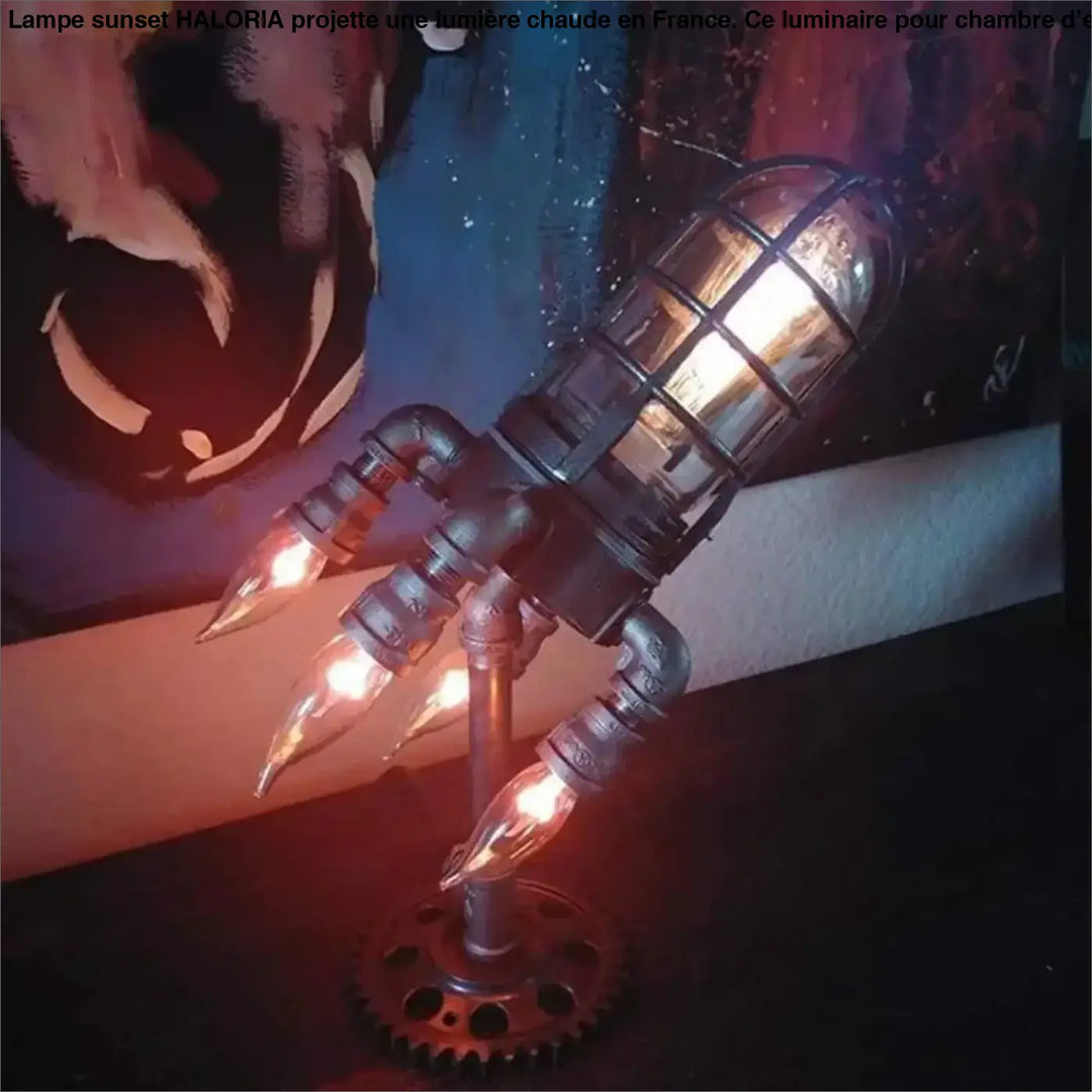 Lampe sunset lampe industrielle en forme de fusée avec cadre métal noir et ampoules effet feu pour décoration plus chambre d’enfant
