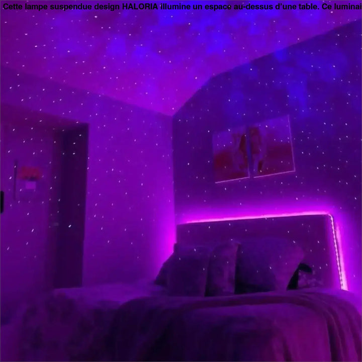 Lampe suspendue design haloria avec bande led violette le long de la tête de lit pour ambiance moderne