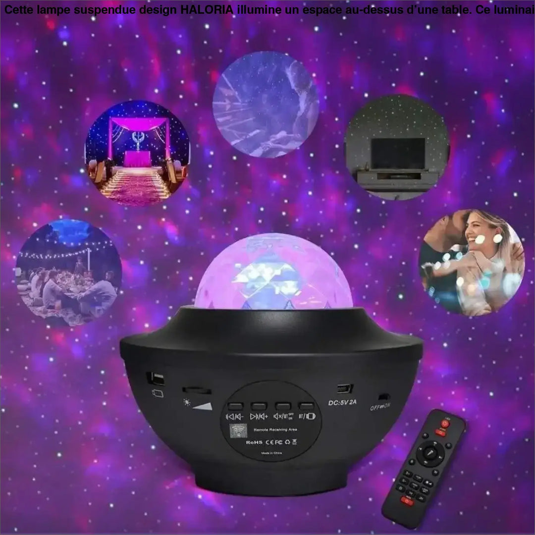 Lampe suspendue design haloria noire sphérique avec lumière violette et bleue et boutons de contrôle à la base
