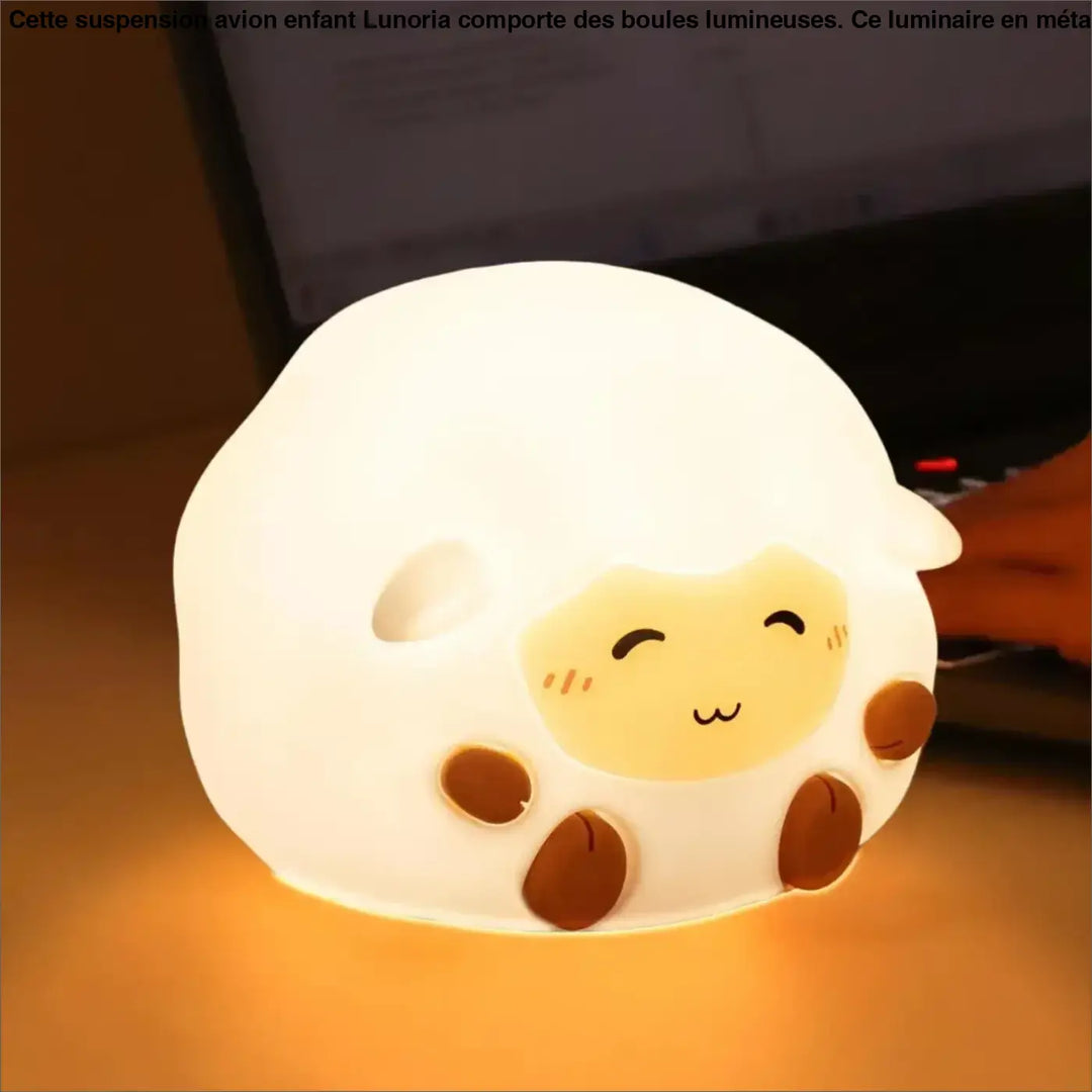 Veilleuse magique en forme de mouton blanc et marron en peluche avec touche lumineuse douce et lumineuse joue