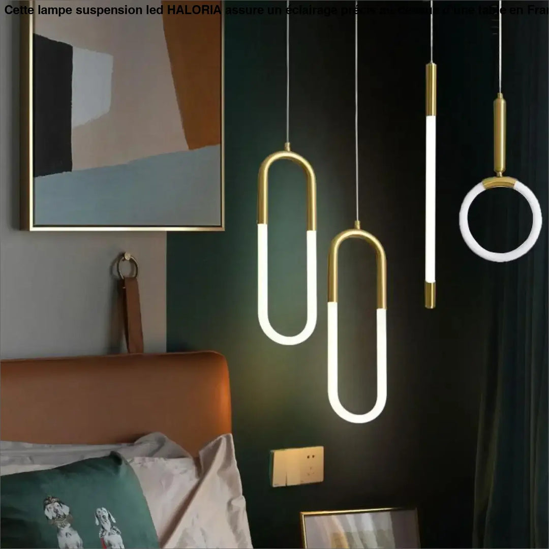 Lampe suspension led haloria avec design minimaliste en or et blanc, éclairage moderne suspendu au plafond