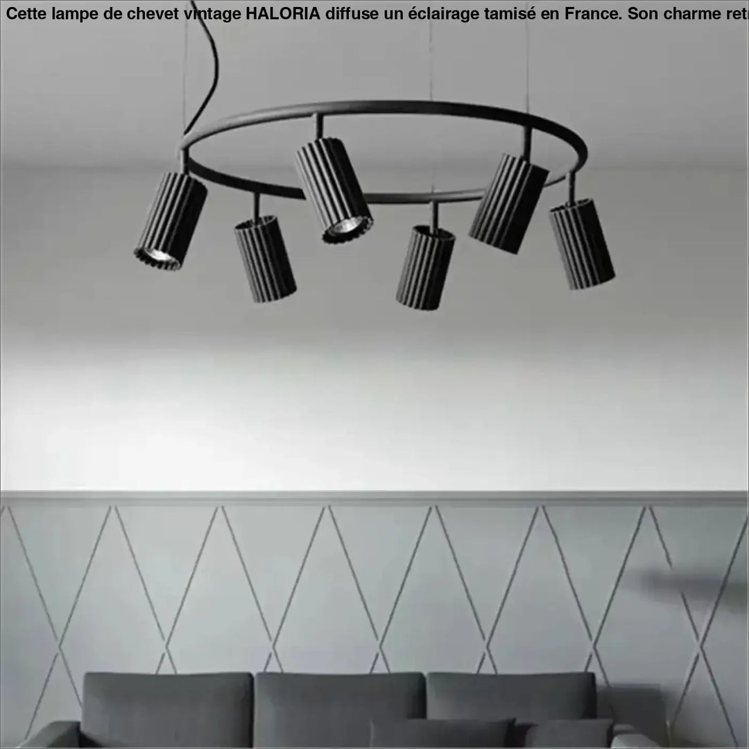 Suspension luminaire lumih noir avec cinq spots cylindriques nervurés pour decoration aesthetic light donna circle chandelier