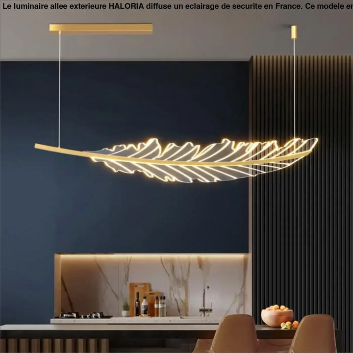 Modern luminaire allee exterieure en métal doré en forme de plume avec lignes led illuminées pour allée extérieure