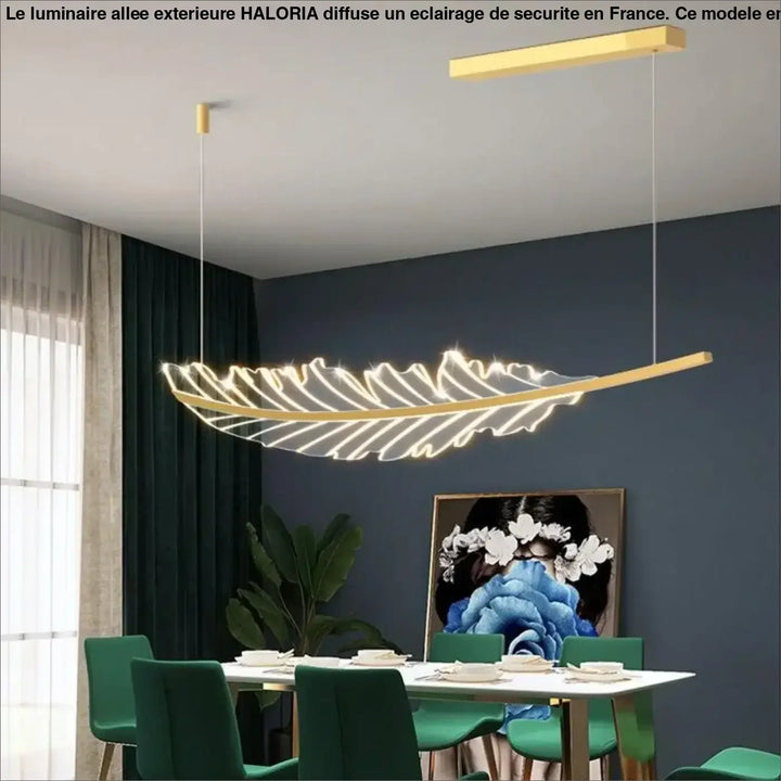 Luminaire allee exterieure haloria en forme de plume dorée avec bords lumineux led pour allée exterieure élégante