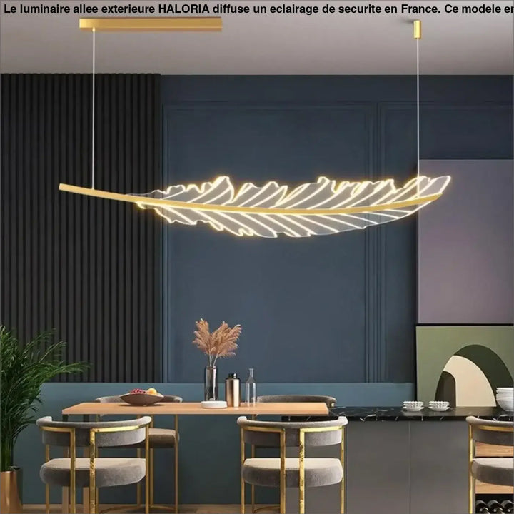 Luminaire allee exterieure haloria pendant moderne en forme de plume dorée avec bandes led illuminées le long du contour