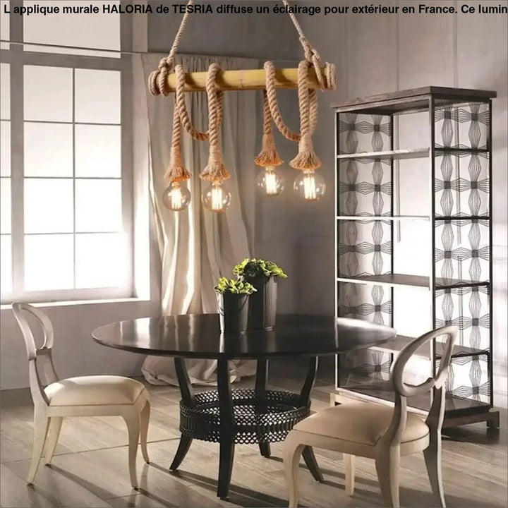 Applique murale luminaire exterieur haloria en bois avec corde et ampoules apparentes idéale long d’un couloir ou autour d’un miroir