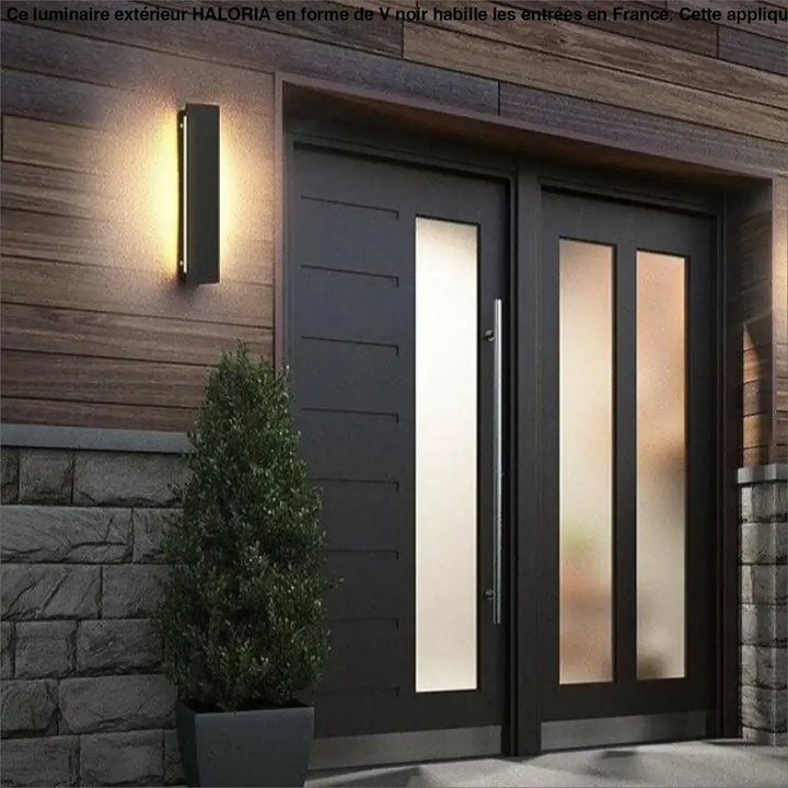 Luminaire extérieur noir en forme de v avec portes doubles modernes à panneaux en verre dépoli et lames horizontales, HALORIA