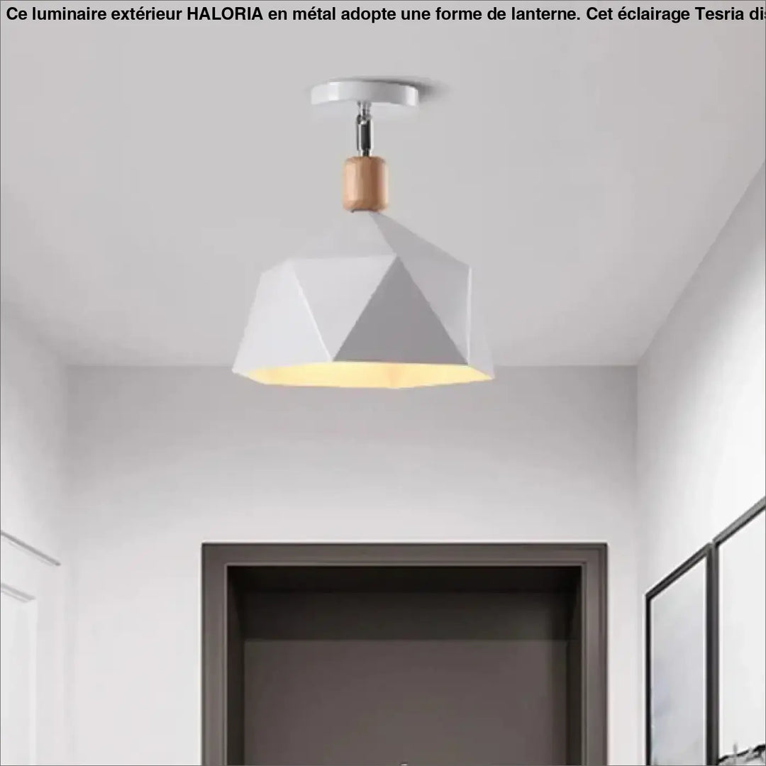 Luminaire plafonnier design hexora en blanc avec accent en bois et une lueur chaude intérieure
