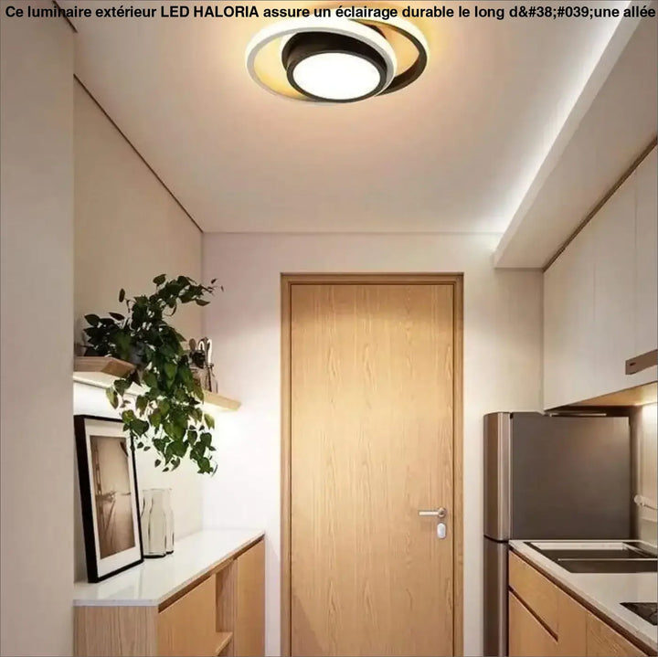 Luminaire extérieur led haloria avec lumière de plafond circulaire moderne en anneaux concentriques noirs blancs et dorés long d’une allée