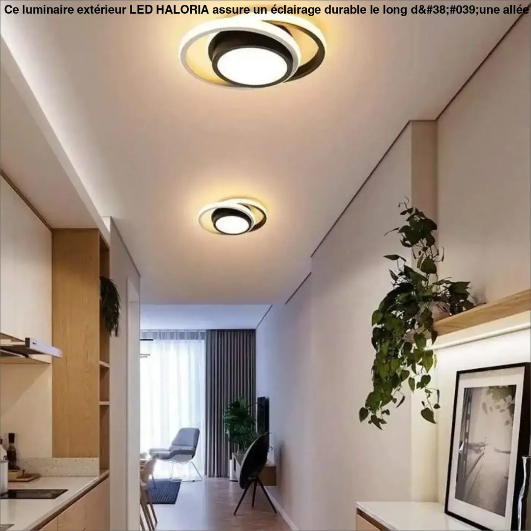 Luminaire extérieur led haloria avec design circulaire noir et blanc émettant une lumière ambiante chaude long d’une allée