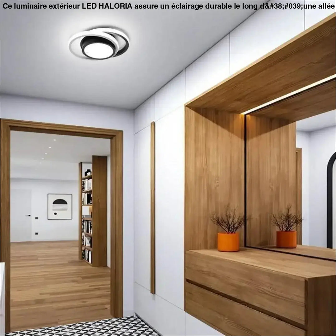 Luminaire extérieur led haloria avec plafond circulaire noir et blanc idéal pour éclairer long d’une allée moderne
