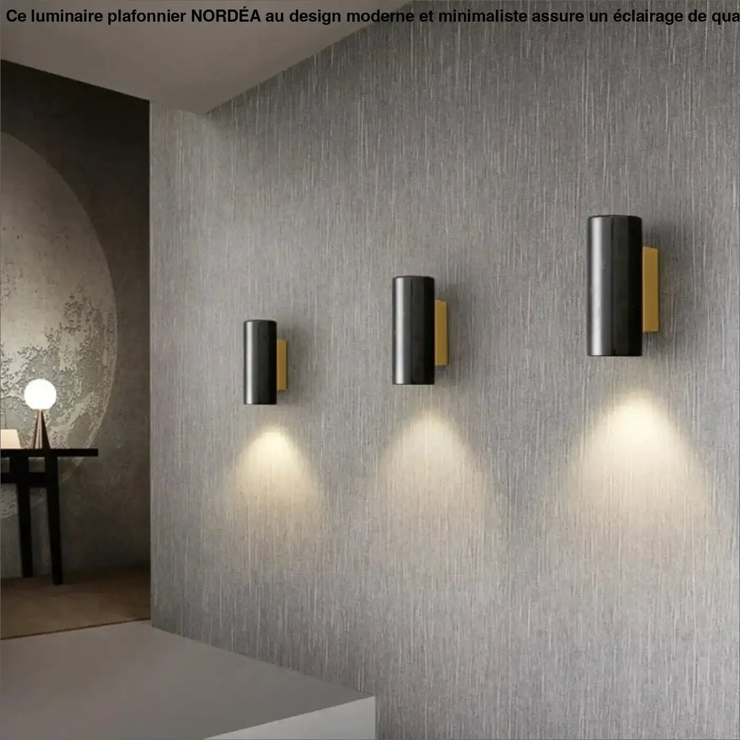 Applique murale nordiluxe en cylindre moderne avec finitions noir mat et plaques de montage dorées pour éclairage led