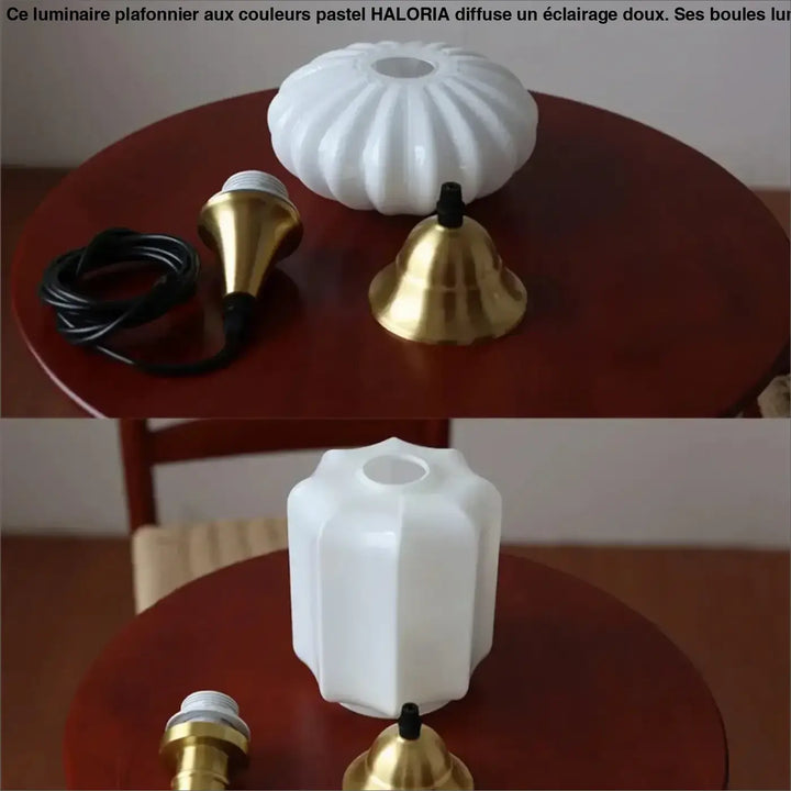 Suspension luminaire scandi avec abat-jour en verre opalin blanc cannelé et support en laiton doré pour une lumière douce