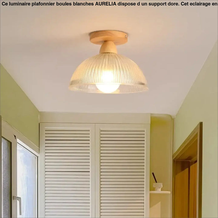 Plafonnier moderne luminaire couli en verre rainuré chaud avec base en bois naturel pour décoration intérieure