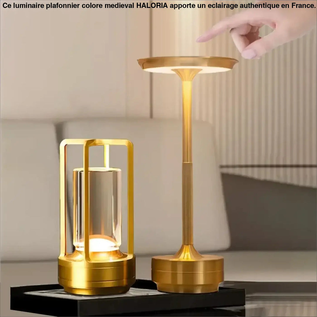 Lampe de table noctis avec source lumineuse led, cadre métallique doré et accents en verre, méthode de contrôle tactile, batterie intégrée