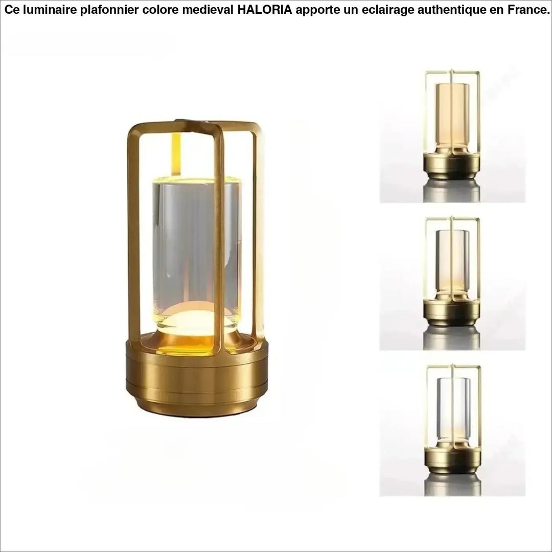 Lampe de table noctis en métal doré avec cylindre en verre clair abritant une source lumineuse led à commande tactile
