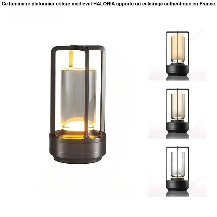 Lampe de table noctis avec lanterne noire frosted verre cylindre et source de lumière led chaude intégrée