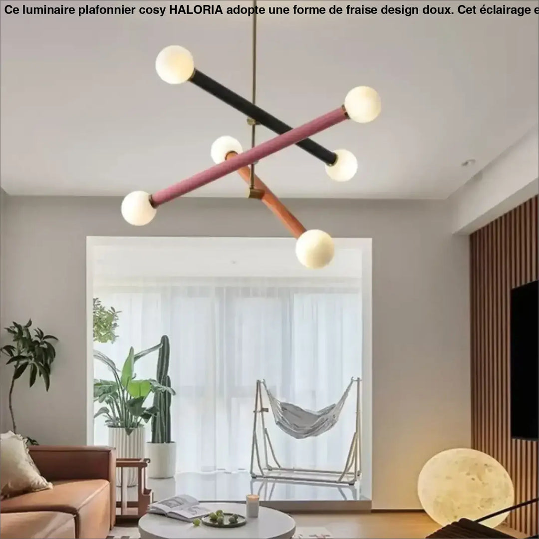Suspension luminaire tsara avec tiges géométriques noires, roses et bois tenant des ampoules sphériques pour lumière diffuse