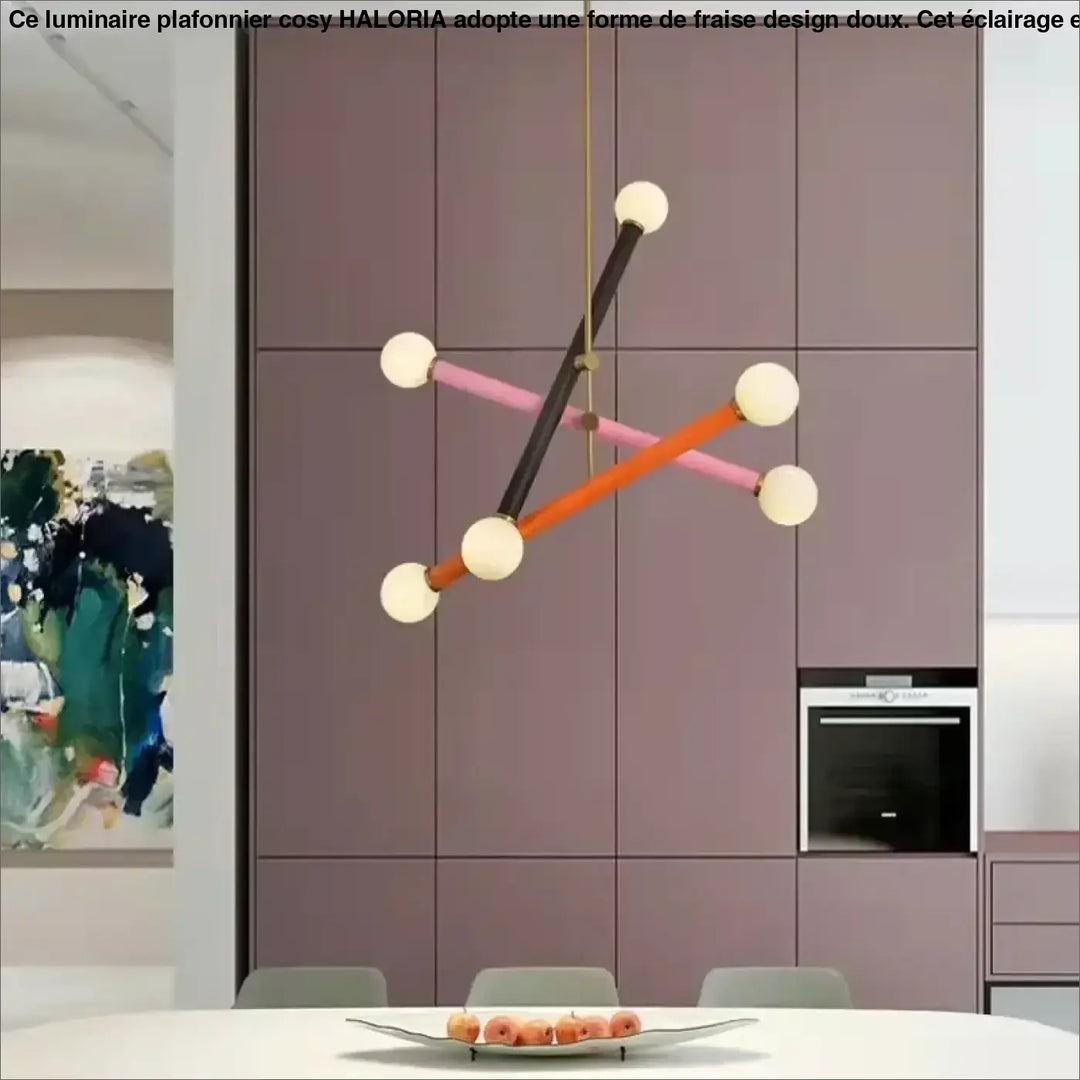 Suspension luminaire tsara avec tiges noires, orange et roses et lumière diffuse sphérique moderne et géométrique