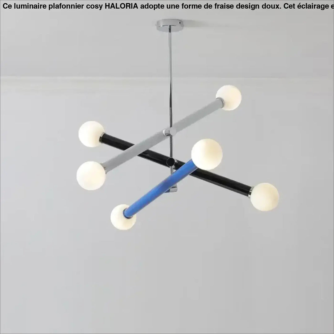 Suspension luminaire tsara avec bras géométriques chrome noir bleu et six globes en verre dépoli pour lumière diffuse