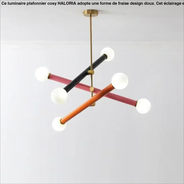 Suspension luminaire TSARA avec luminaire diffuse style moderne en laiton, tiges noires et bois de rose, six globes en verre dépoli