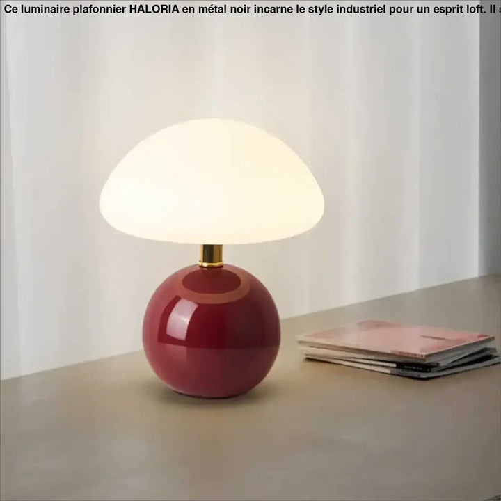 Lampe de table agaris en céramique rouge brillante avec base sphérique lisse et abat-jour design champignon blanc doux
