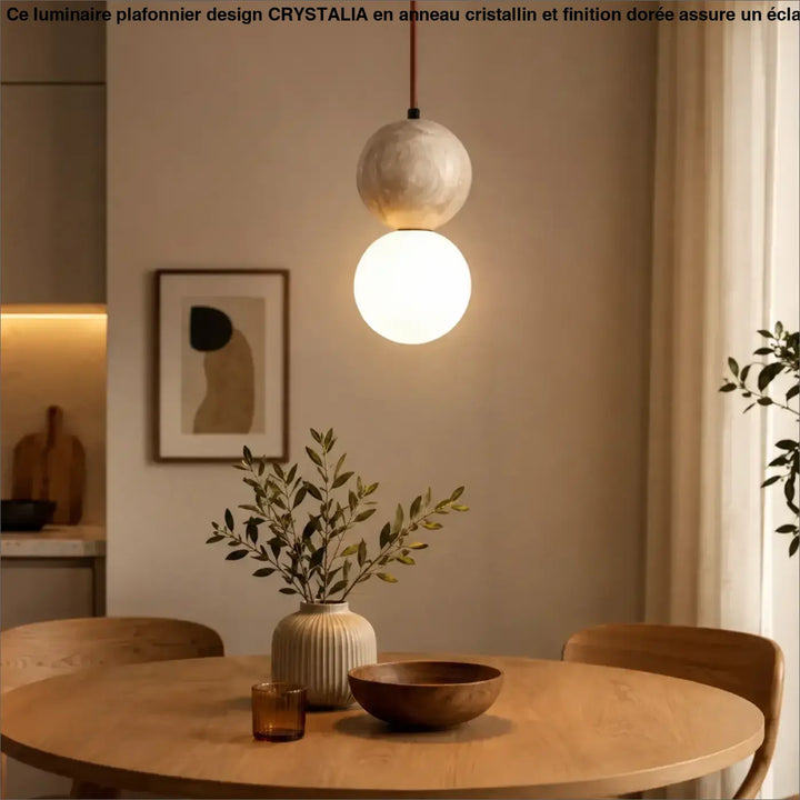 Suspension luminaire sora avec deux abat-jours sphériques empilés en verre opalin et pierre texturée, cordon marron fin
