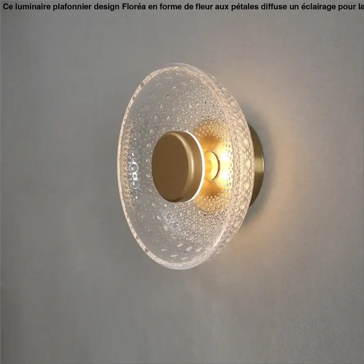 Luminaire plafonnier crista applique murale design en verre clair texturé à bulles avec accents métalliques dorés