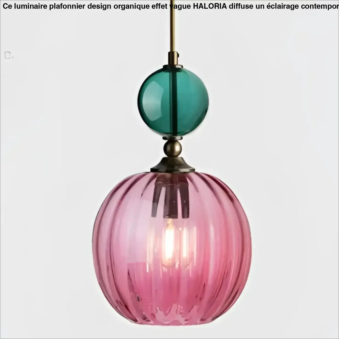 Suspension luminaire bolina en verre côtelé rose avec un accent sphérique bleu sarcelle luminaire colorée