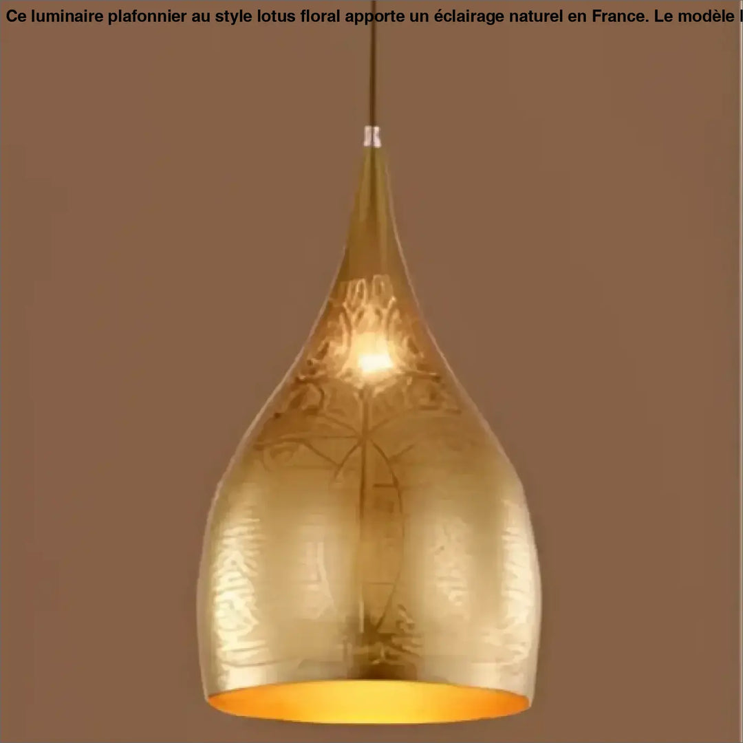Suspension luminaire sandyha dorée en forme de goutte avec motifs gravés et lumière intérieure chaude vintage turque
