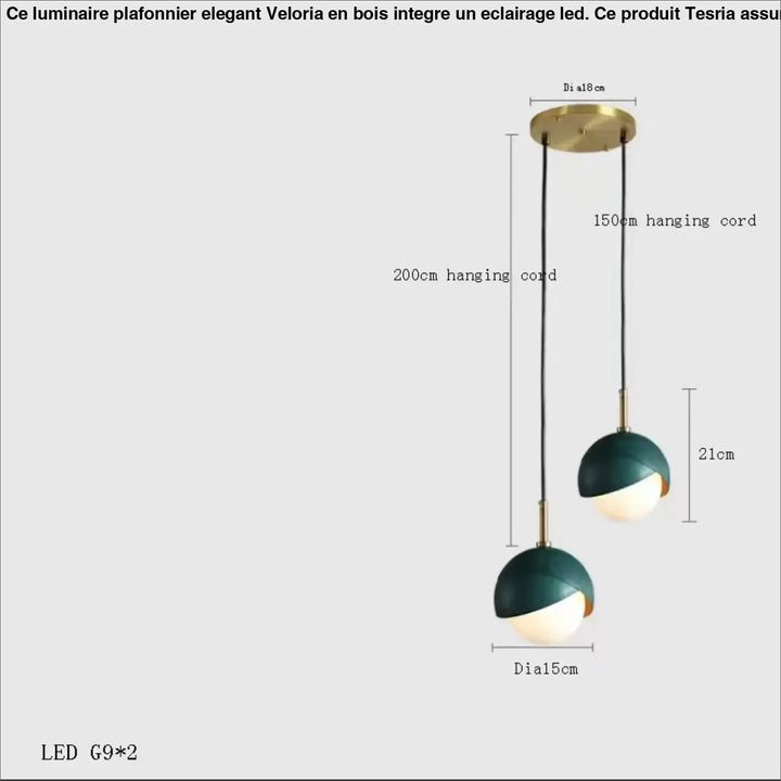 Luminaire plafonnier elegant en bois avec deux globes verts et blancs suspendus par cordons noirs et monture en laiton
