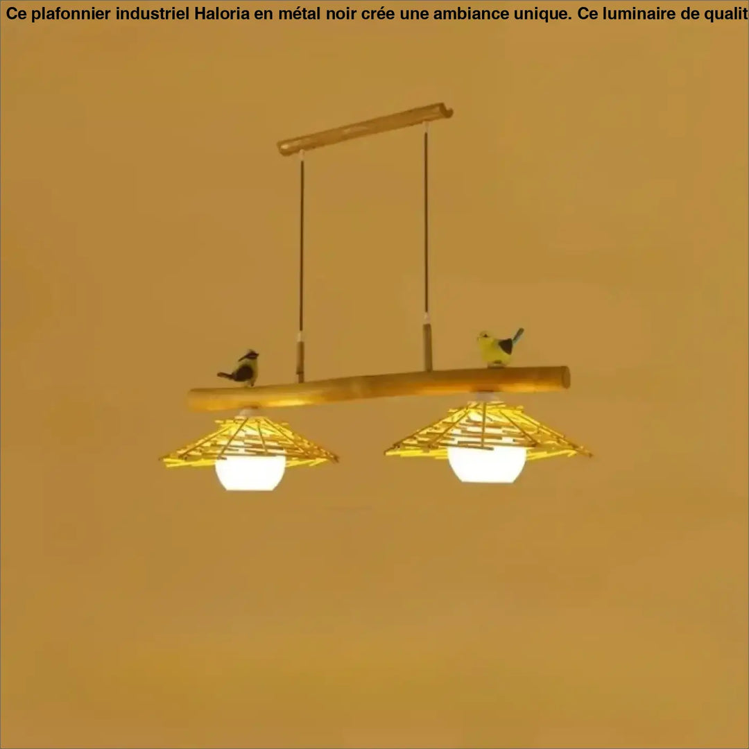 Suspension luminaire volantis en bambou rustique avec deux abat-jours tissés chaud et figurines d’oiseaux décoratives