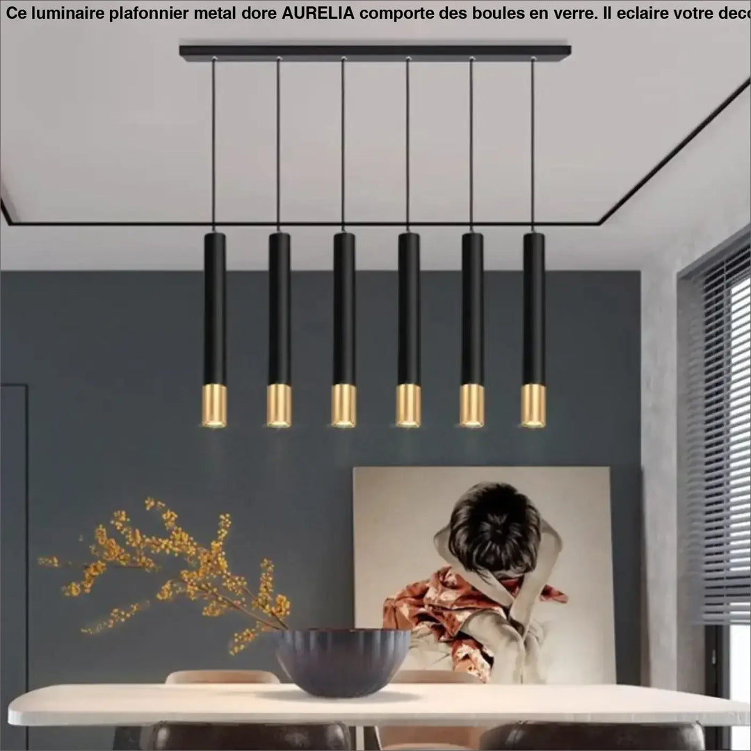Suspension Élégante Avec Tubes Noirs Et Embouts Dorés