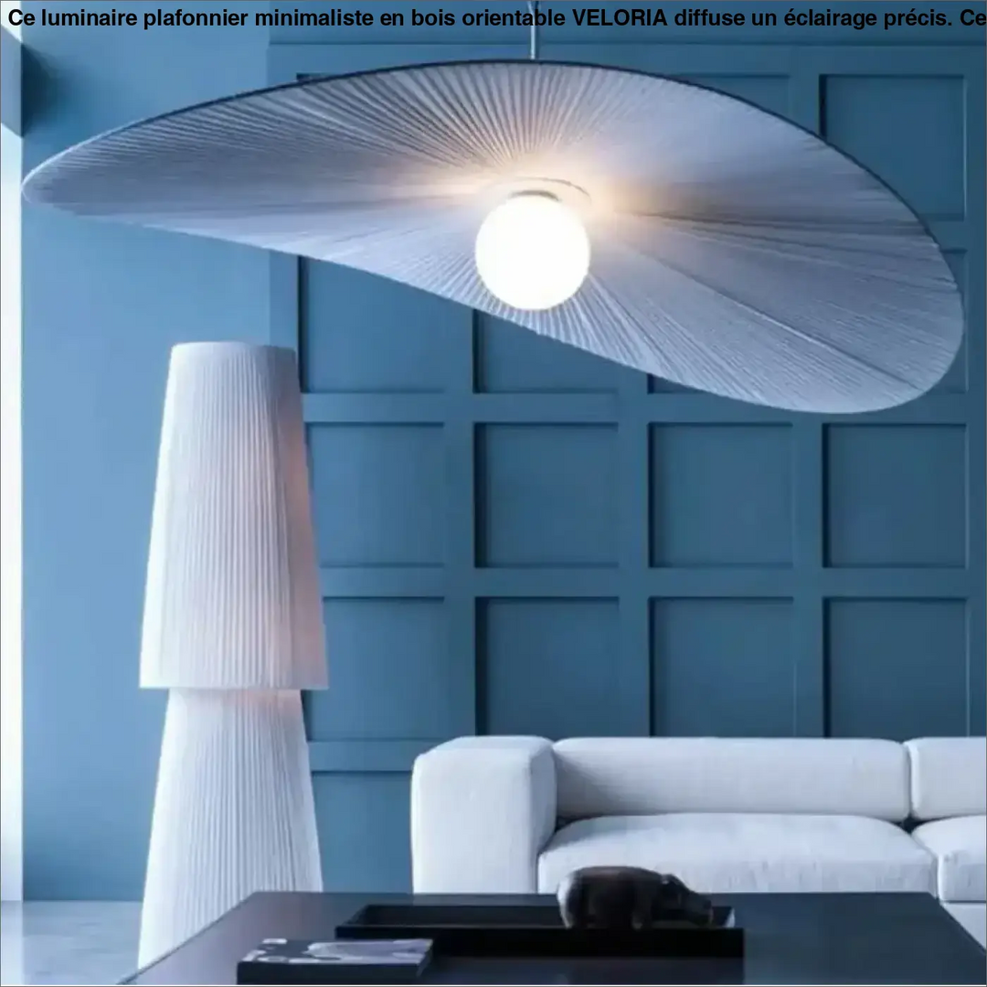 Luminaire plafonnier minimaliste en bois orientable avec abat-jour blanc rainuré et ampoule circulaire centrale