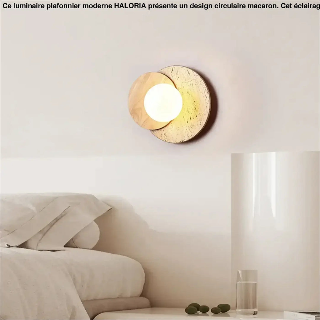 Applique murale sabia forme d’éclipse lunaire avec deux disques superposés en bois naturel pour décoration intérieure moderne