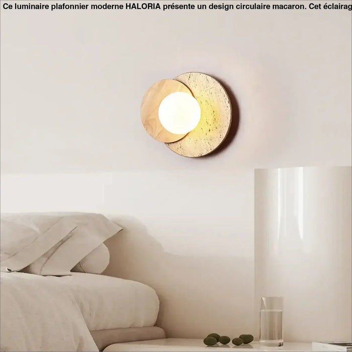 Applique murale sabia forme d’éclipse lunaire avec deux disques superposés en bois naturel pour décoration intérieure moderne