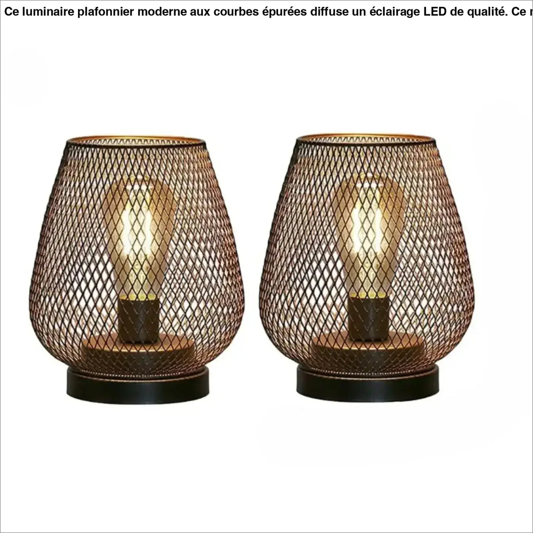 Paire de lampes de table en bronze avec abat-jour en maille et ampoules à filament, idéale comme décor features