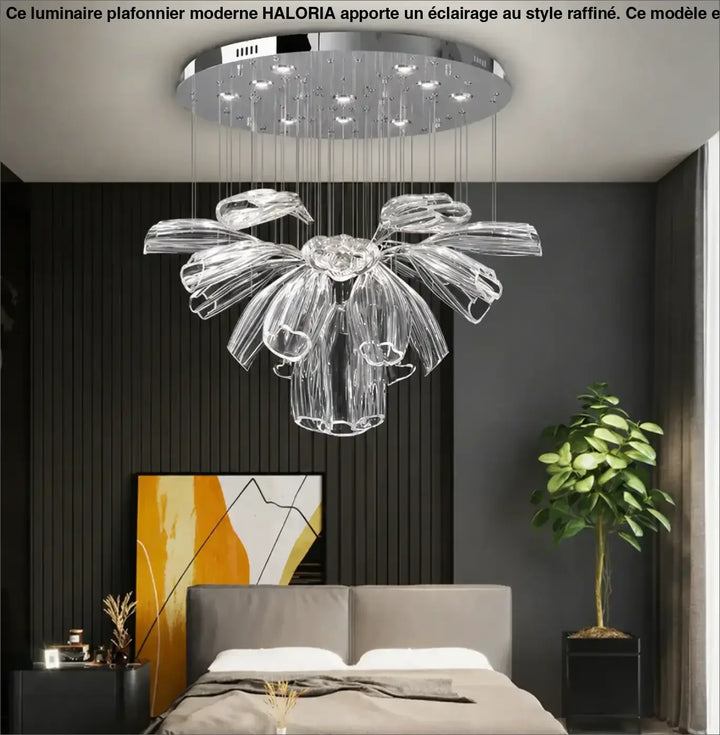 Suspension luminaire moderne crystalia en cristal transparent avec base chromée circulaire et pétales de verre en cascade