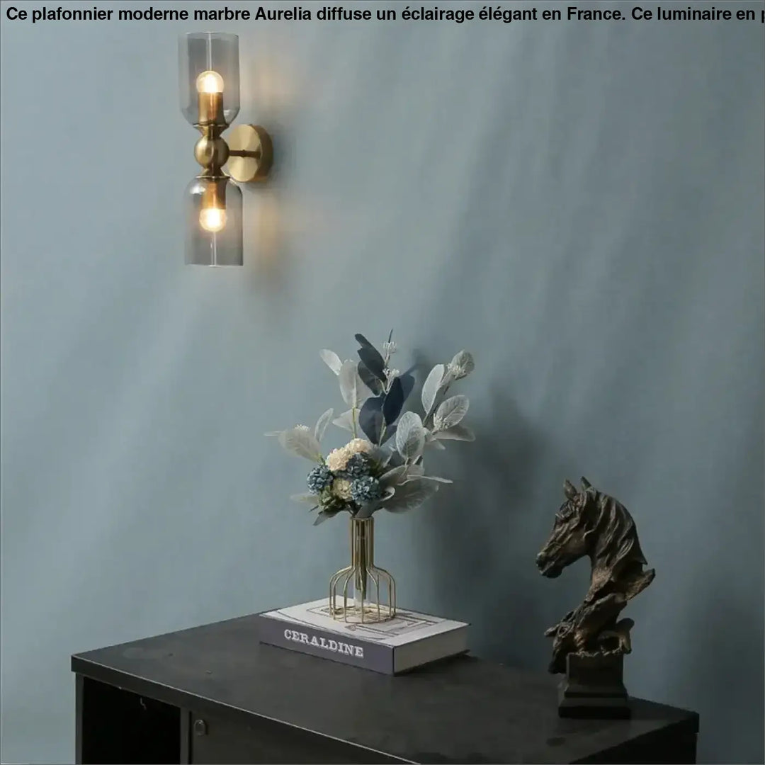 Applique murale moderne trnor en laiton bross avec deux abat-jour en verre depoli pour eclairage interieur