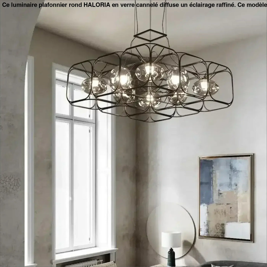Suspension luminaire nexora en métal noir avec design cage géométrique et ampoules globes en verre clair