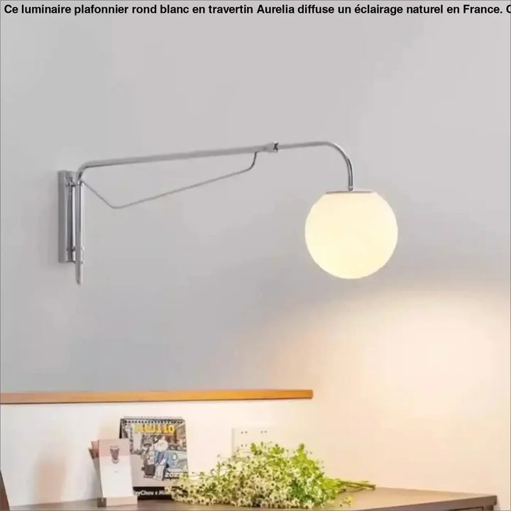 Luminaire plafonnier rond blanc en travertin aurelina avec lampe murale chromée moderne et globe en verre dépoli