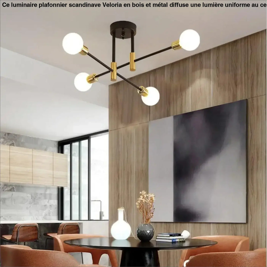 Luminaire plafonnier scandinave veloria noir et or avec six globes blancs sphériques modernes