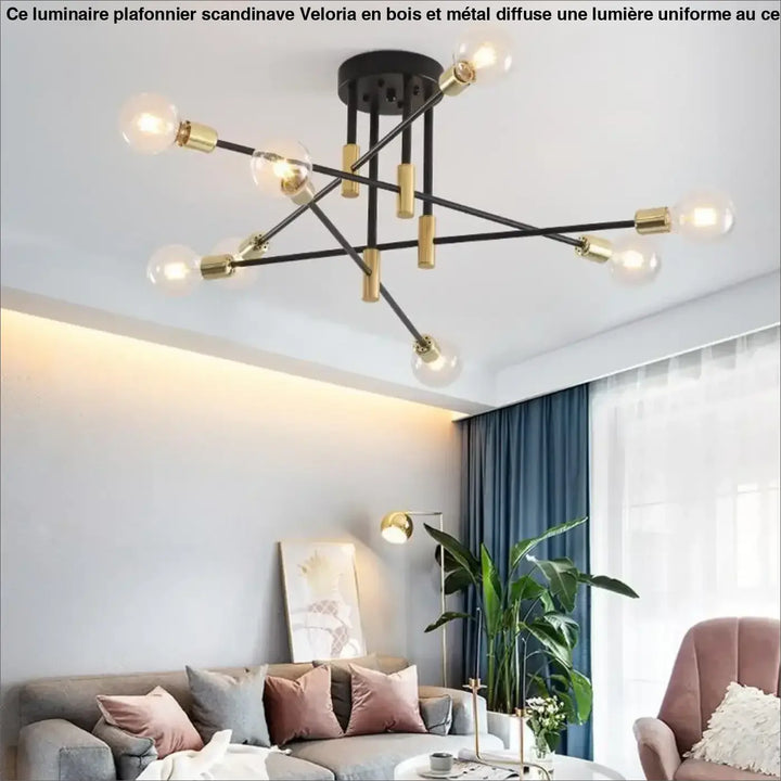 Luminaire plafonnier scandinave veloria noir et or avec plusieurs ampoules apparentes design moderne