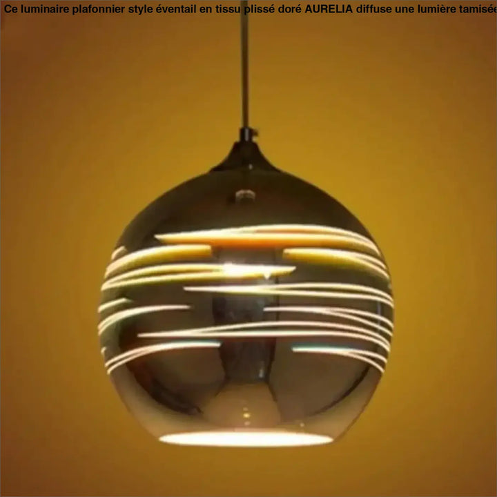 Suspension luminaire rizon en verre fumé sphérique aux reflets lumineux dorés concentriques