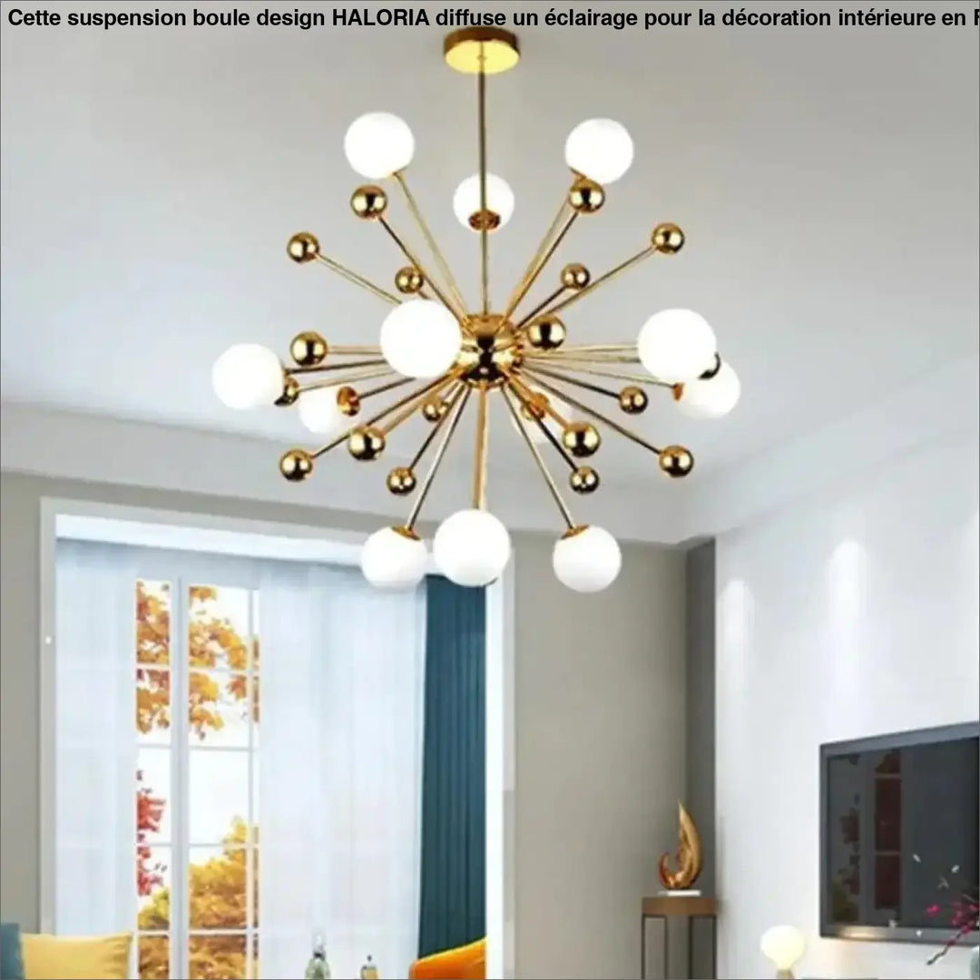Luminaire suspension boule haloria dorée avec design étoile moderne et globes en verre blanc sphériques